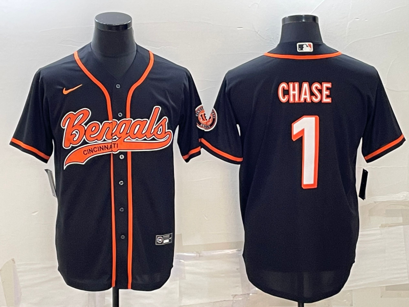 Men's Black Cincinnati Bengals #1 Ja'Marr Chase With Patch Cool Base Stitched Baseball Jersey